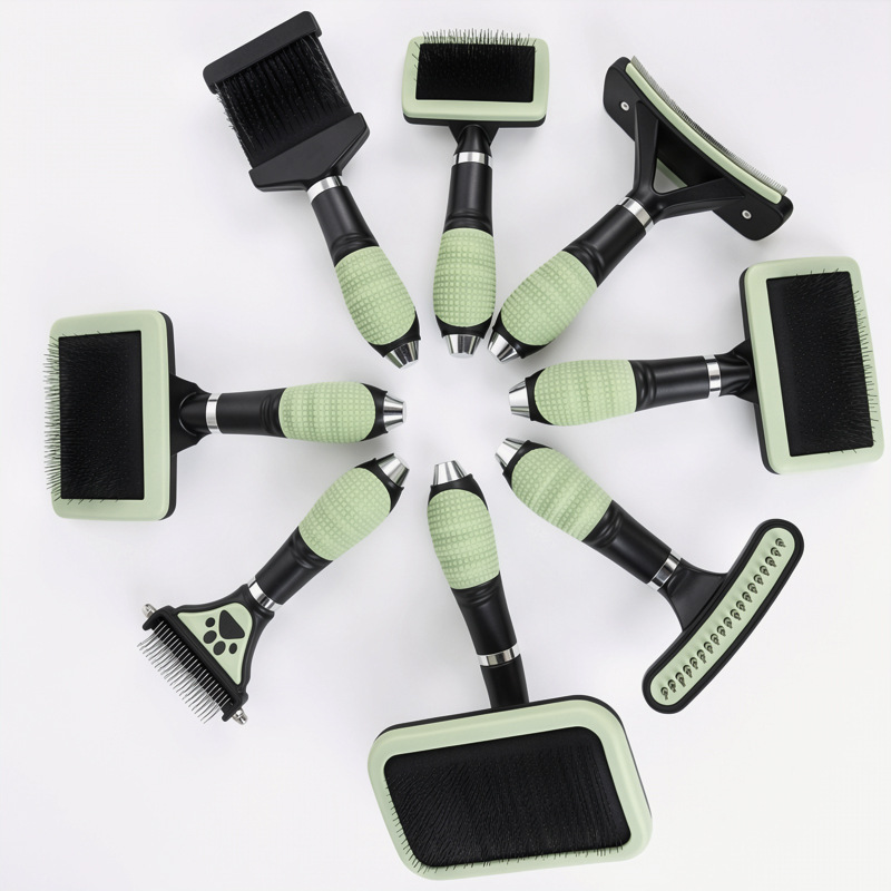 Green-and-black pet grooming kit showing the supplied tool assortment